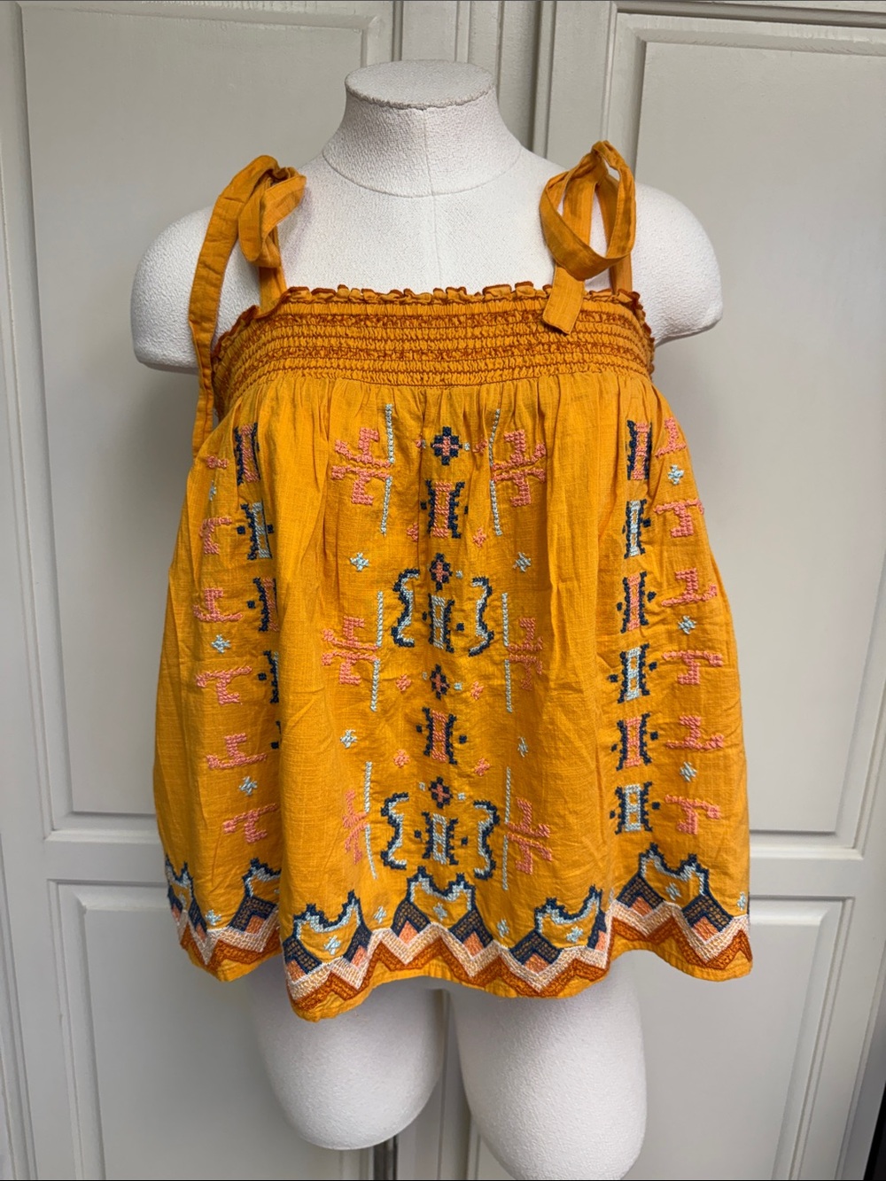 Anthropologie Mustard Yellow Embroidered Tie-Shoulder Crop Top